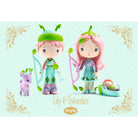 Two figures, Lily and Sylvestre, with a small purple creature on a light green background with decorative elements.