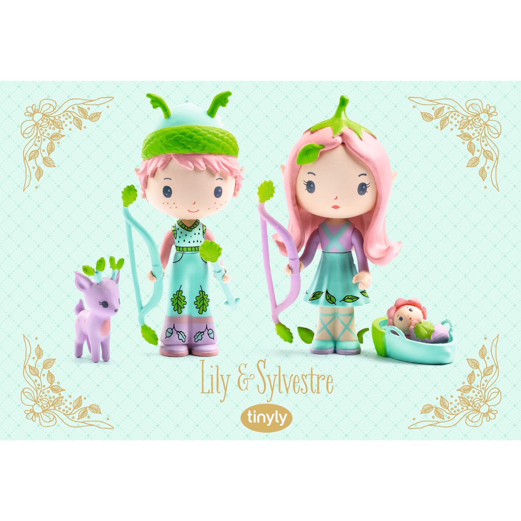 Two figures, Lily and Sylvestre, with a small purple creature on a light green background with decorative elements.