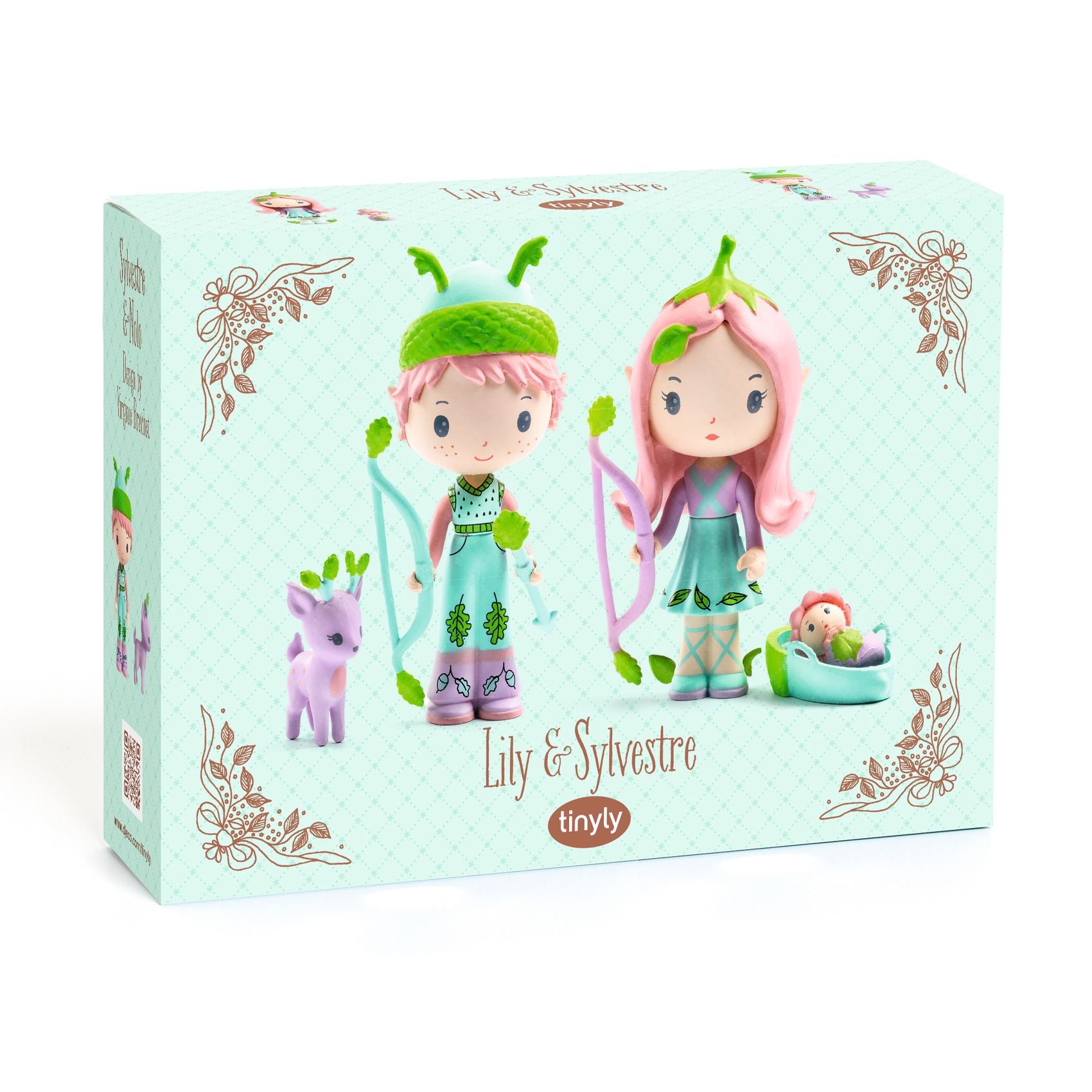 Box packaging of Lily and Sylvestre dolls with decorative elements on a light blue background