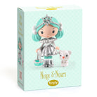 Toy figure packaging with a character in a silver outfit and turquoise hair, standing next to a white bear toy, on a light blue background.