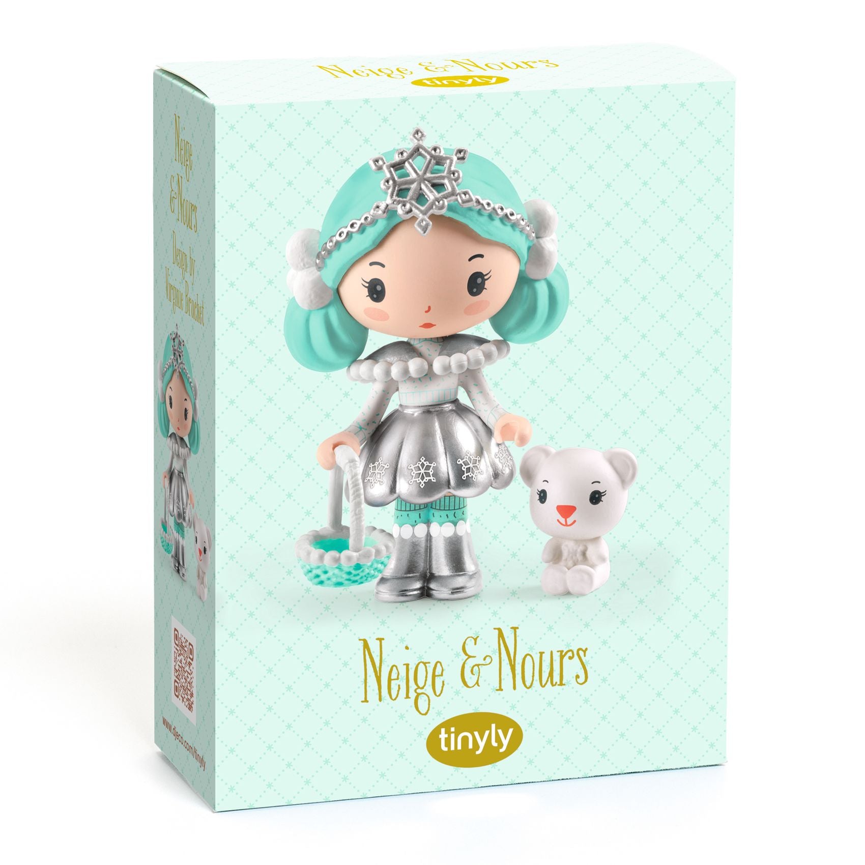 Toy figure packaging with a character in a silver outfit and turquoise hair, standing next to a white bear toy, on a light blue background.