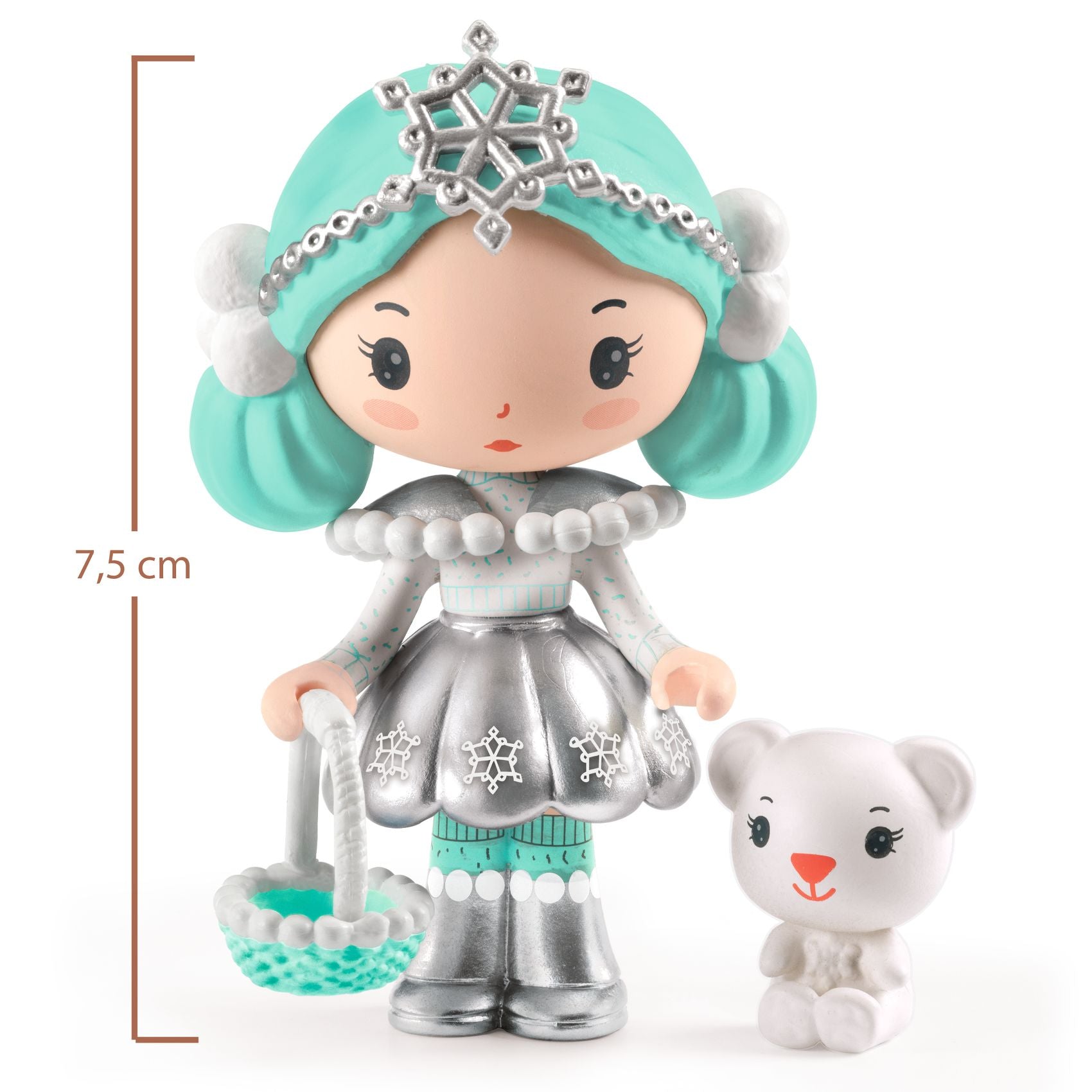 Toy figure with turquoise hair and silver outfit holding a small white dog, with dimensions indicated.