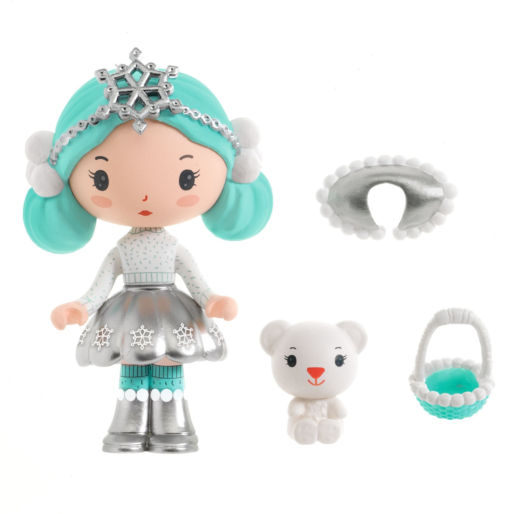 Toy figure with turquoise hair and silver outfit, accompanied by a bear and basket on a white background