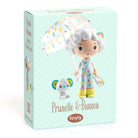 Product packaging for 'Prunelle & Bianca' toys with a character holding an umbrella on a light blue background.