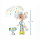 Toy figure with umbrella and small animal toy, with a measurement label indicating size.