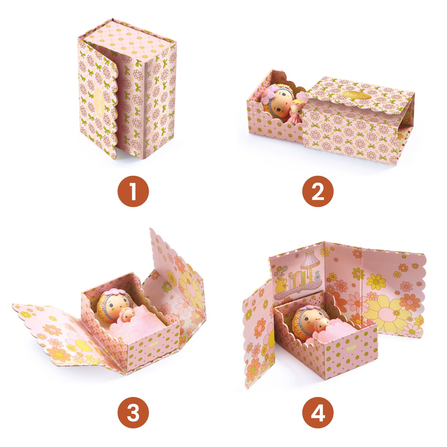 Step-by-step process of opening a decorative box with toy figures inside, featuring floral patterns.