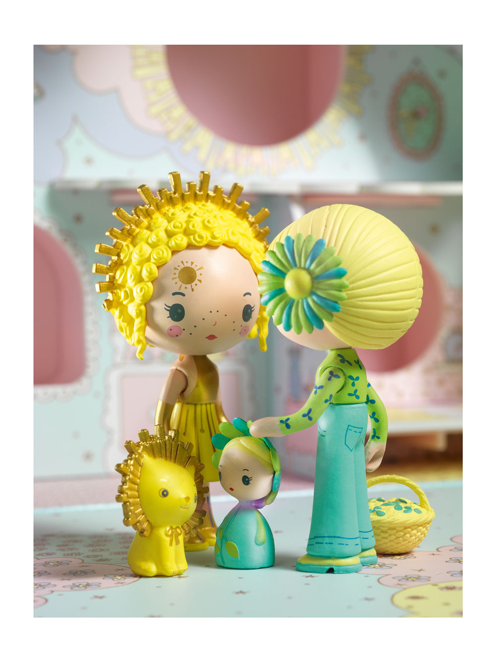 Colorful toy figures with unique hairstyles in a playful setting