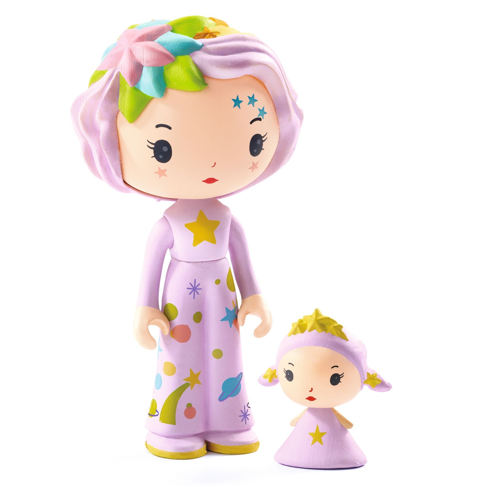 Two colorful figures with purple hair and outfits on a white background