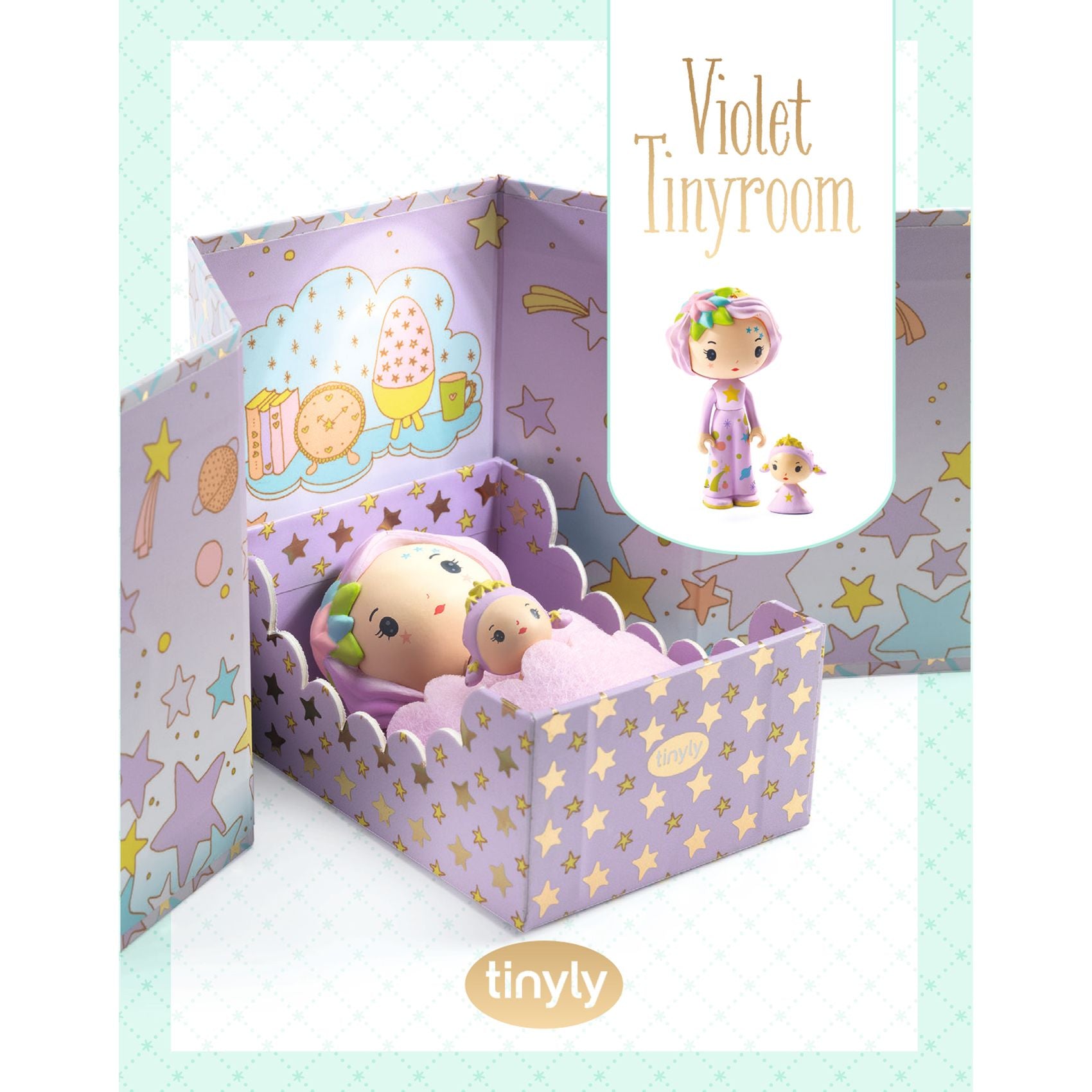 Toy room set with toys inside a box, featuring 'Violet Tinyroom' and 'tinyly' branding.