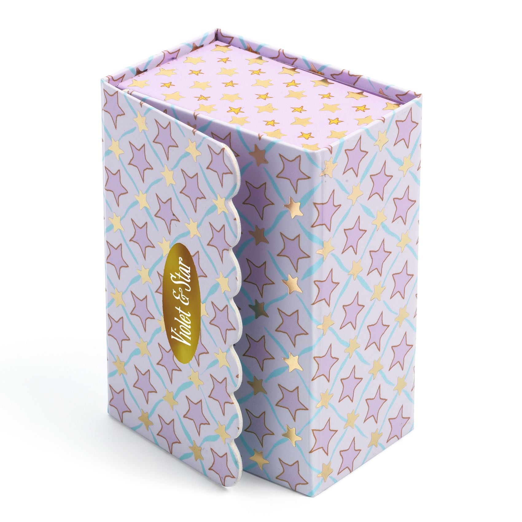 Decorative box with star pattern and 'Violet & Star' logo on a white background