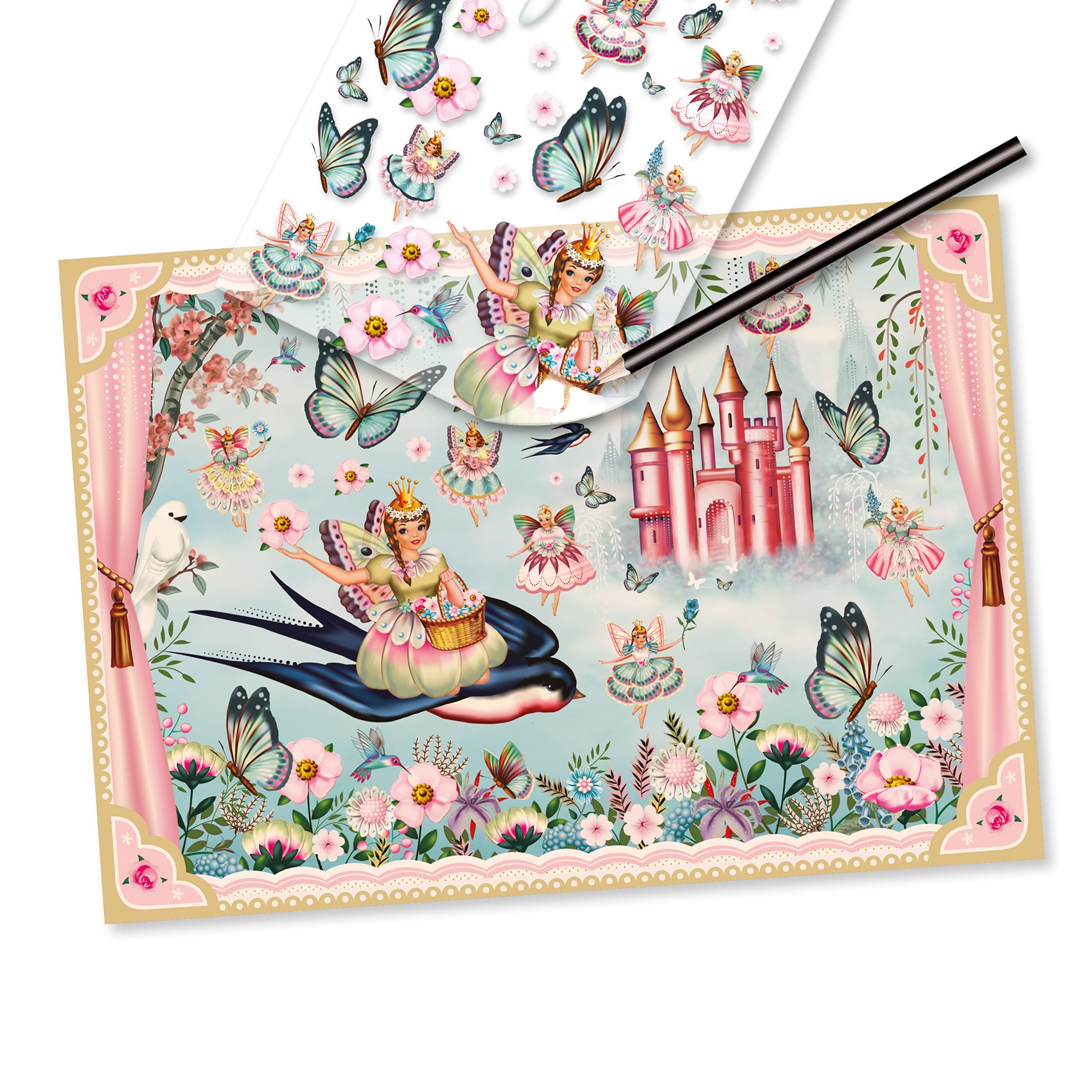 Sticker sheet with fairy and castle design on a white background