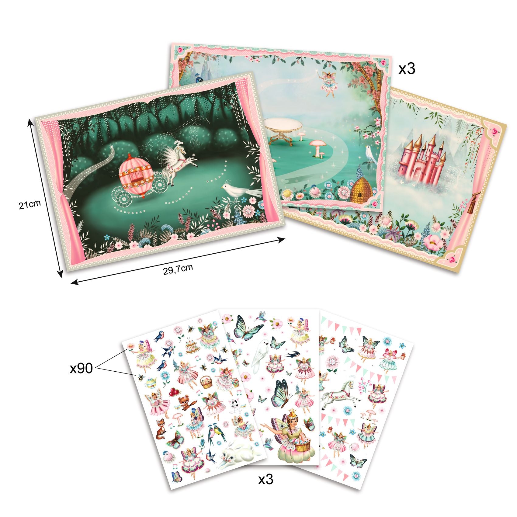 Set of illustrated cards and stickers with dimensions and quantities indicated.