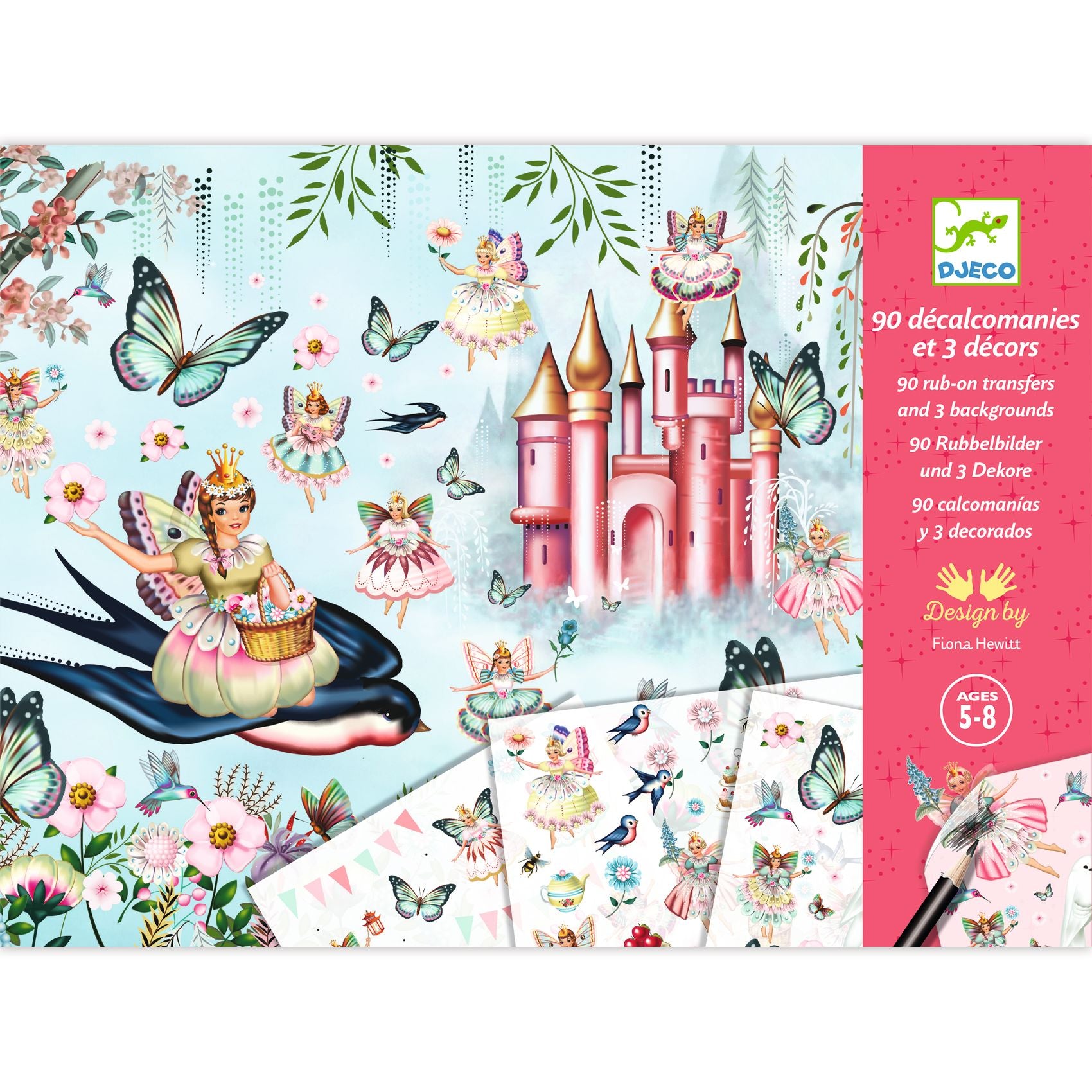 Decorative book with fairy tale design featuring a castle, fairies, and butterflies on a blue background.