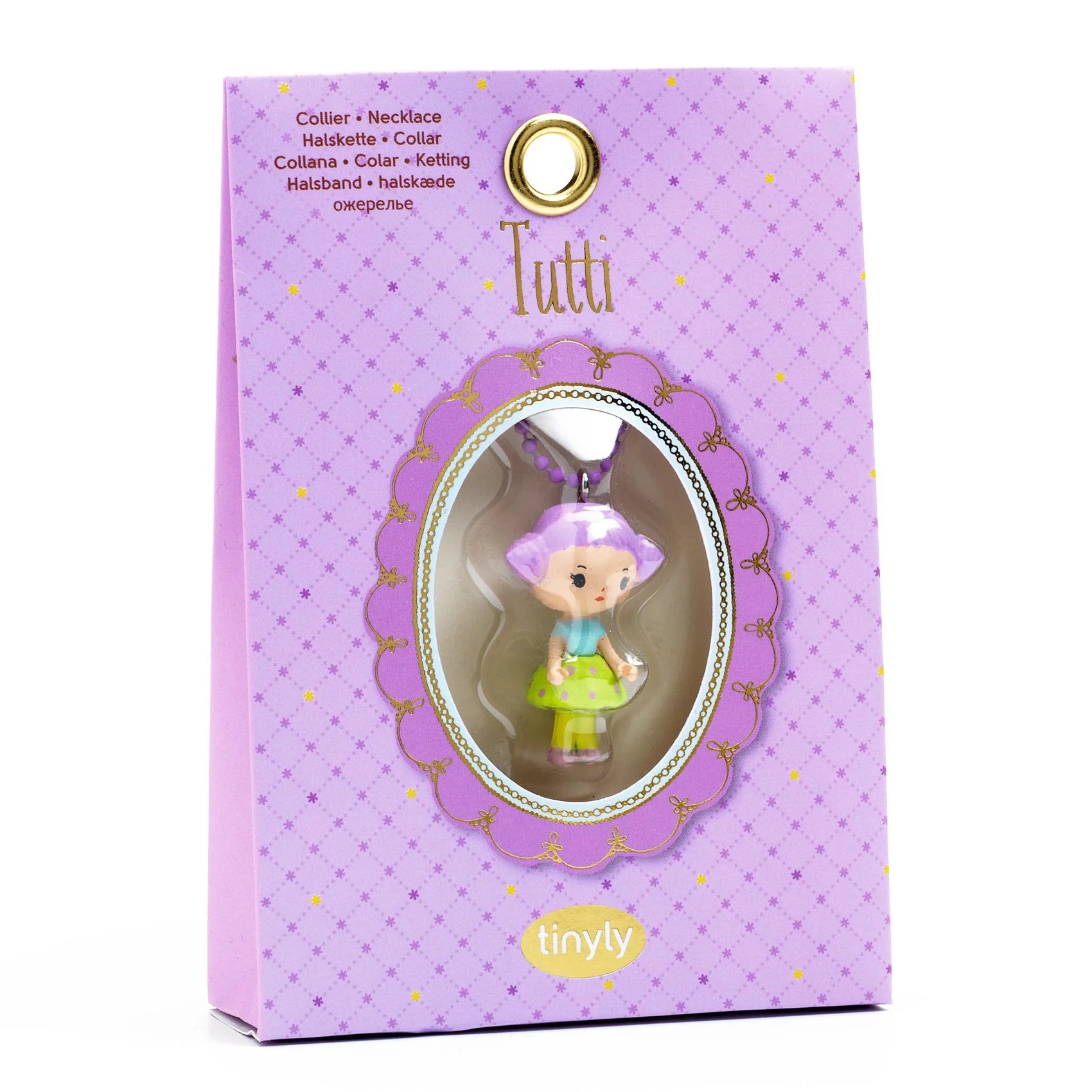 Purple packaging of a 'Tutti' necklace with a character figure inside, featuring the brand 'tinyly'.