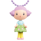 Toy figure with purple hair and a green dress on a white background