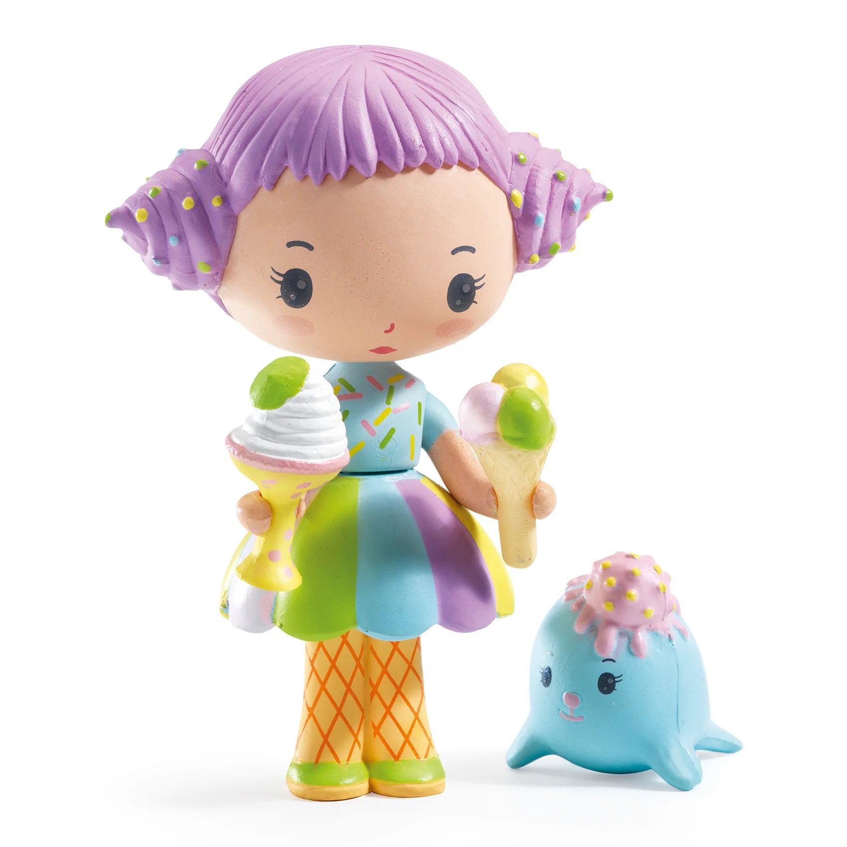 Colorful toy figure with purple hair, holding ice cream cones, on a white background
