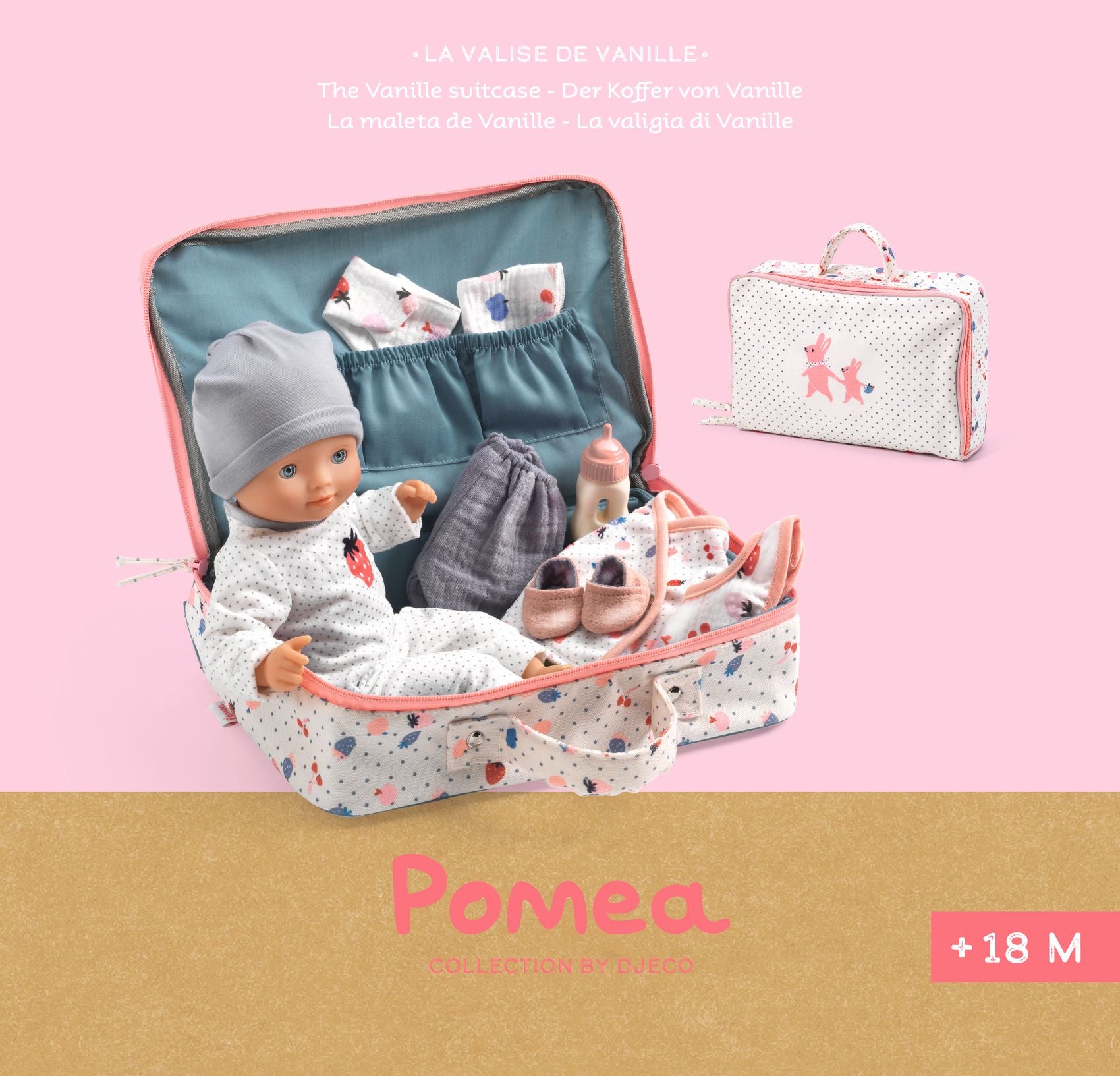 Baby doll and accessories in a suitcase with 'Pomea' branding on a pink background