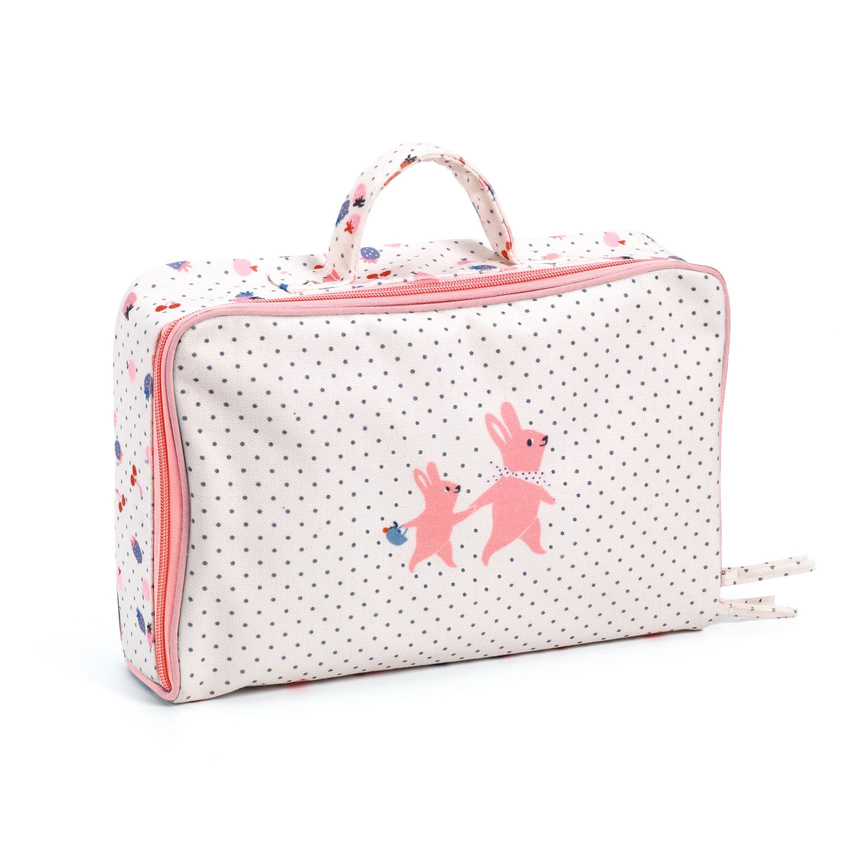 Polka dot travel bag with pink bunny design on a white background
