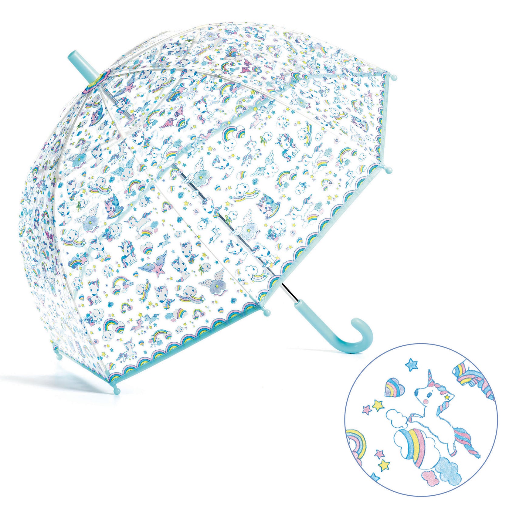 Transparent children's umbrella with colorful unicorn pattern on a white background