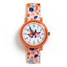 Children's watch with floral strap and orange casing on a white background