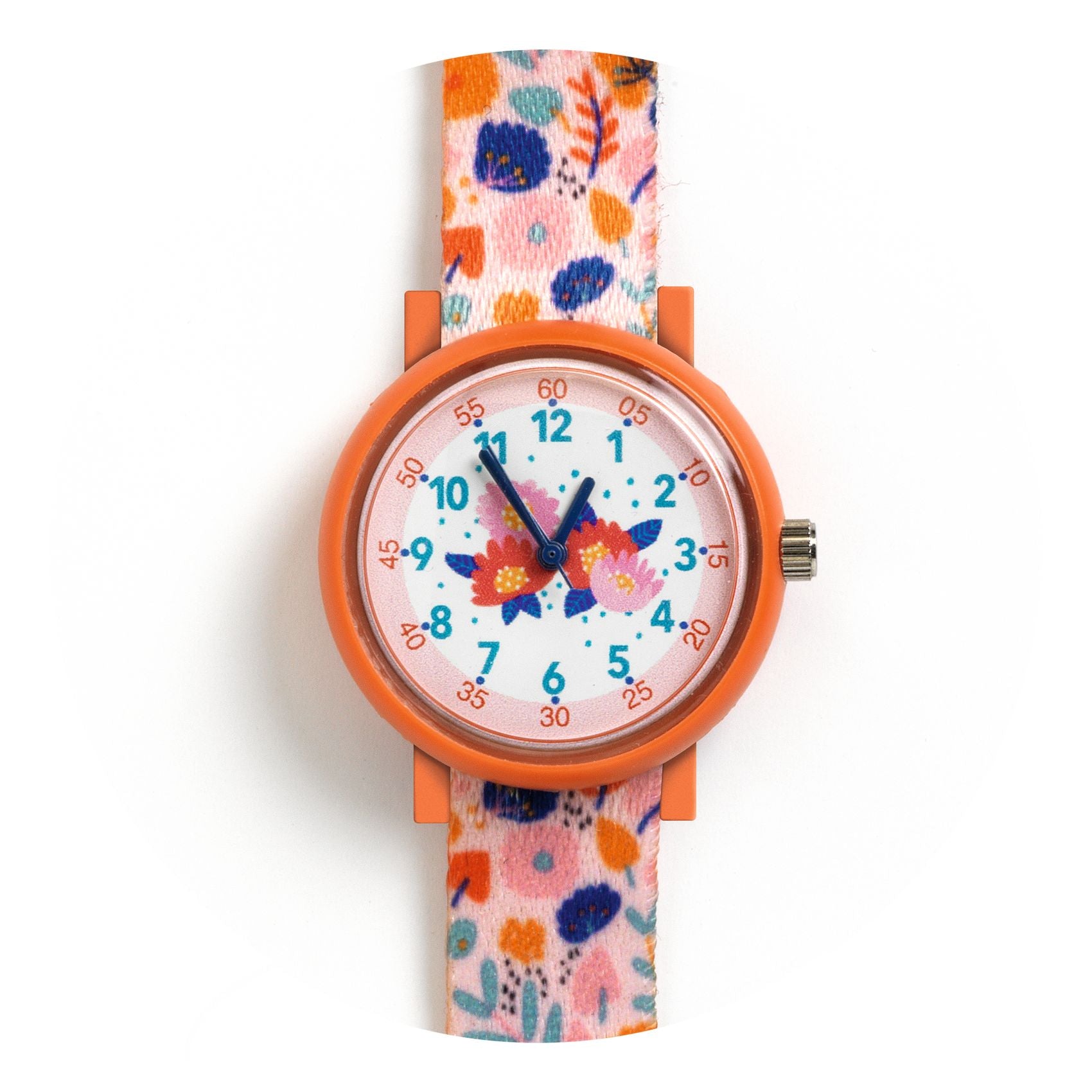Children's watch with floral strap and orange casing on a white background