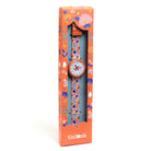 Floral-patterned watch with matching strap in a colorful box packaging, featuring the brand 'ticlock'.