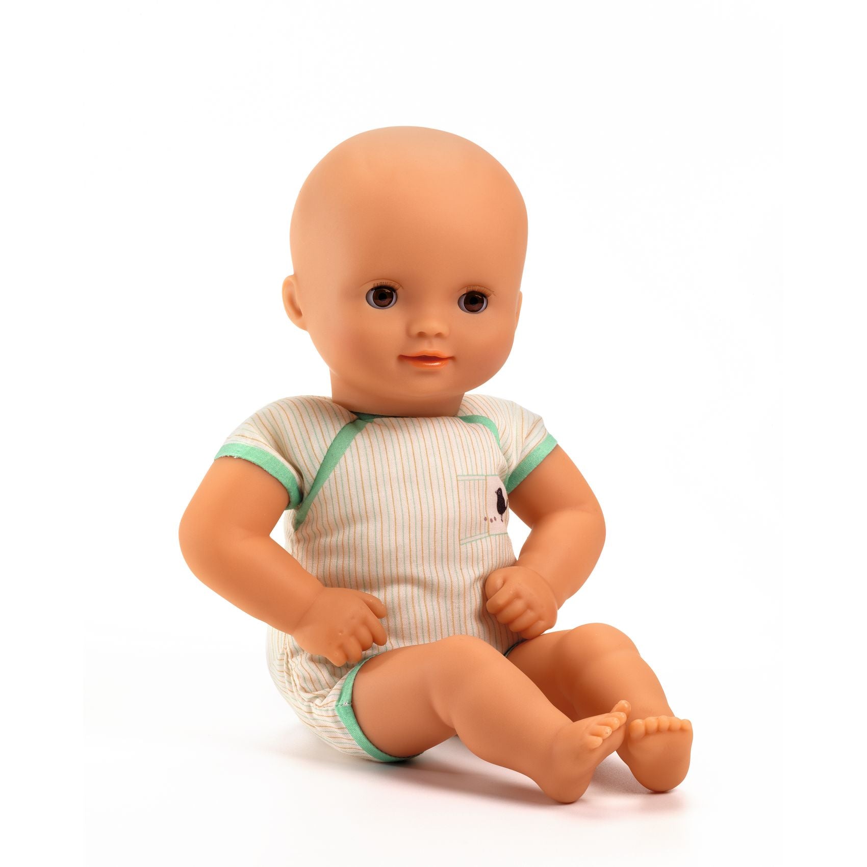 Baby doll with a striped onesie on a white background