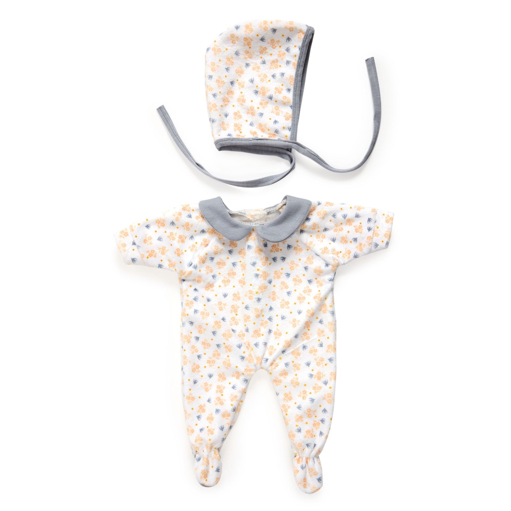 Baby onesie with floral pattern and matching bonnet on a white background