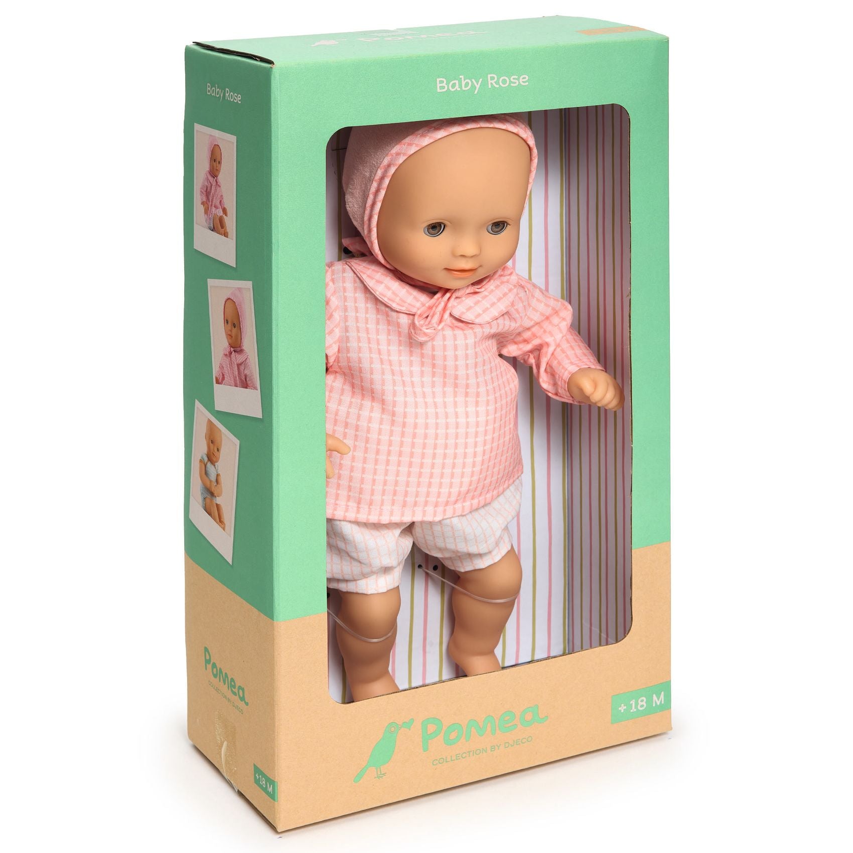 Pompea Baby Rose doll in packaging with a pink outfit and bonnet.
