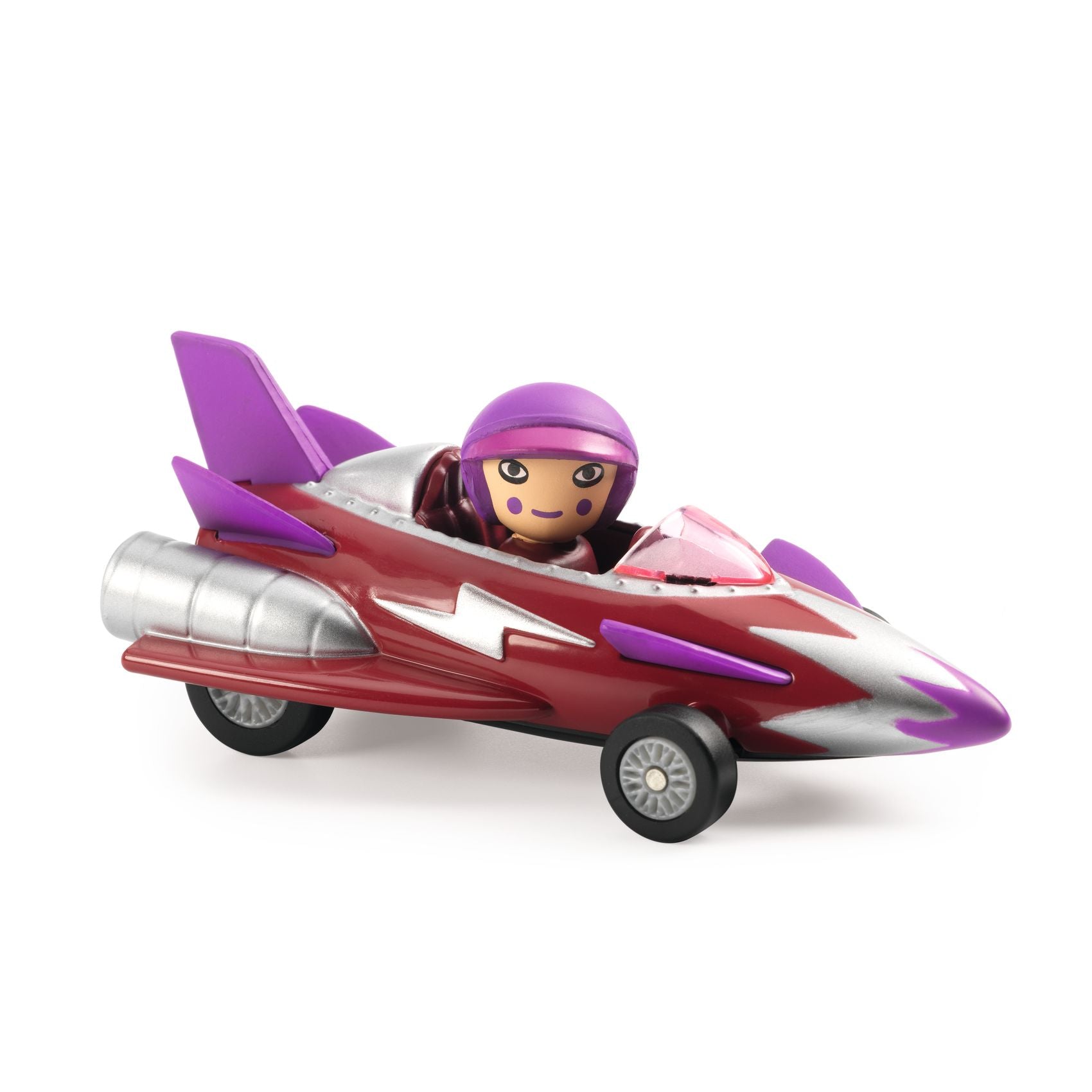Toy vehicle with a character in a purple helmet on a white background