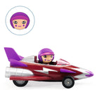 Djeco Toy car with figure with purple helmet in a red and purple vehicle on a white background