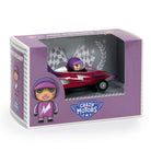 Toy figure in a car with packaging labeled 'Crazy Motors' on a white background