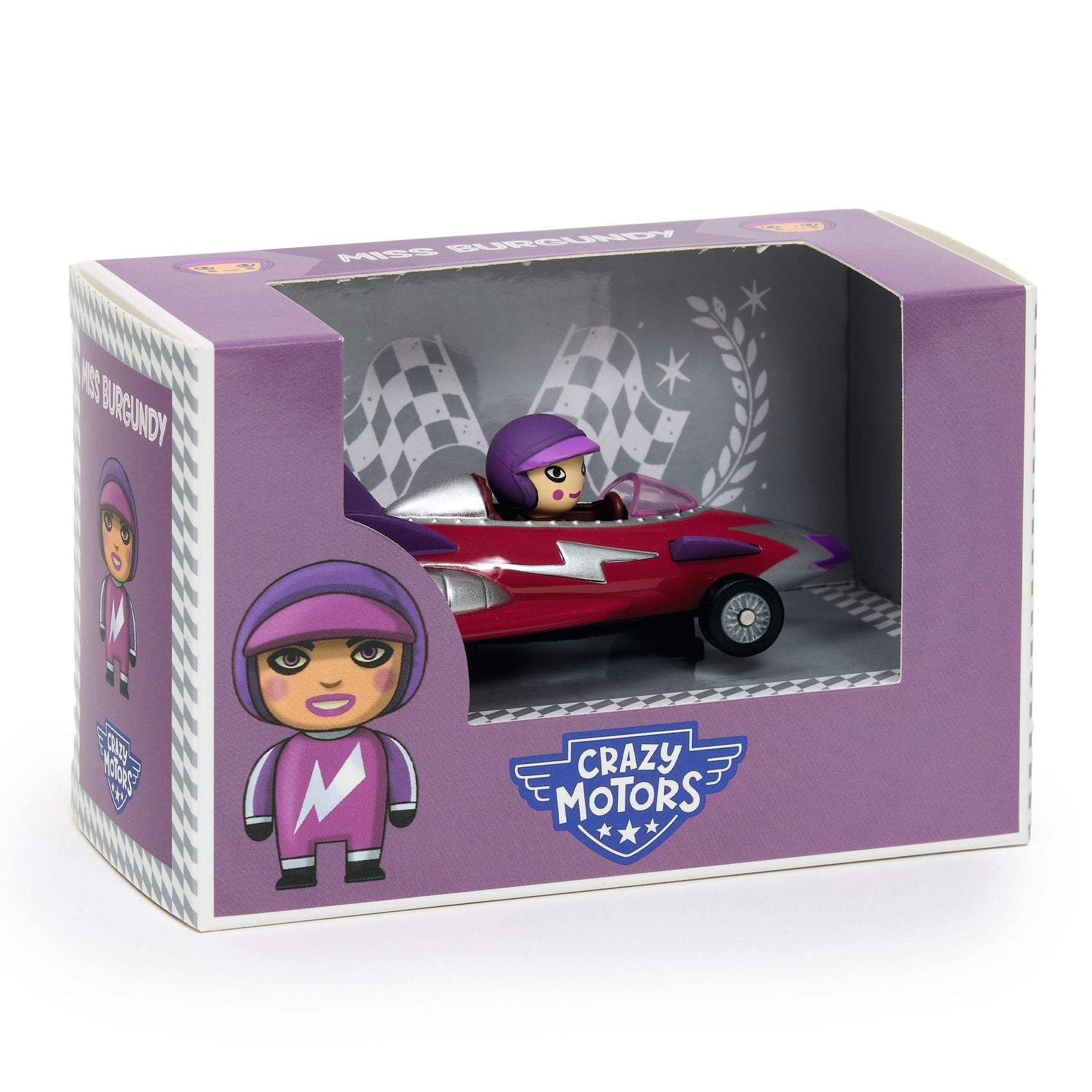 Toy figure in a car with packaging labeled 'Crazy Motors' on a white background