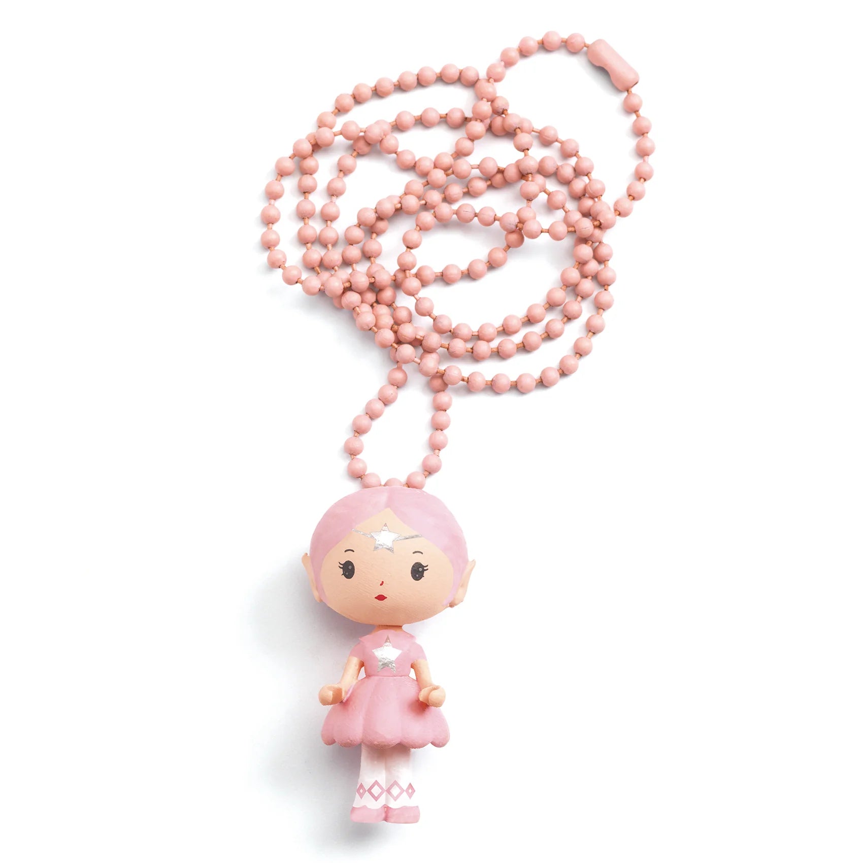 Pink character pendant on a string against a white background