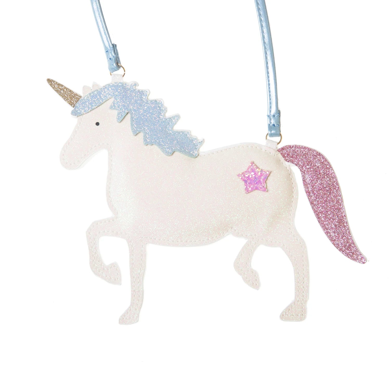 Unicorn-shaped keychain with blue mane and pink tail on a white background