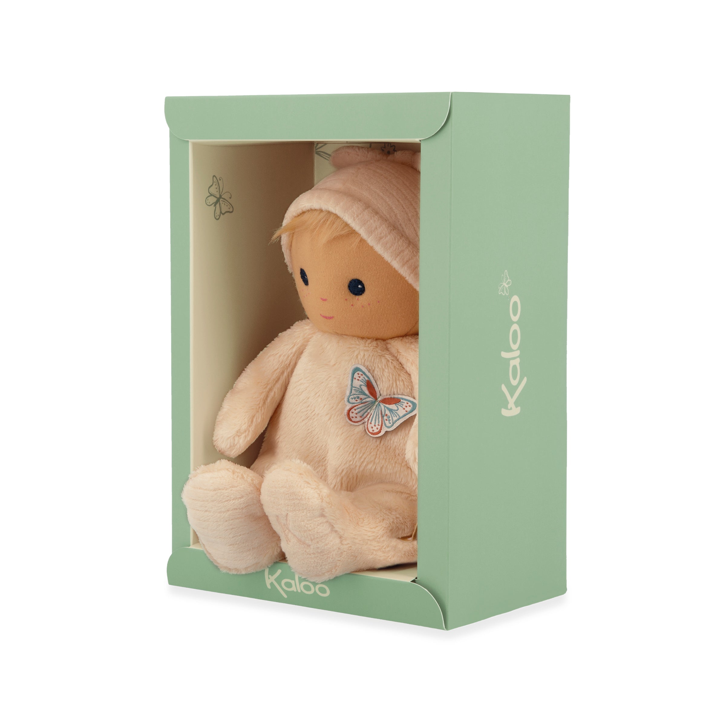 Plush toy with butterfly patch in a green box, brand 'Kaloo' visible