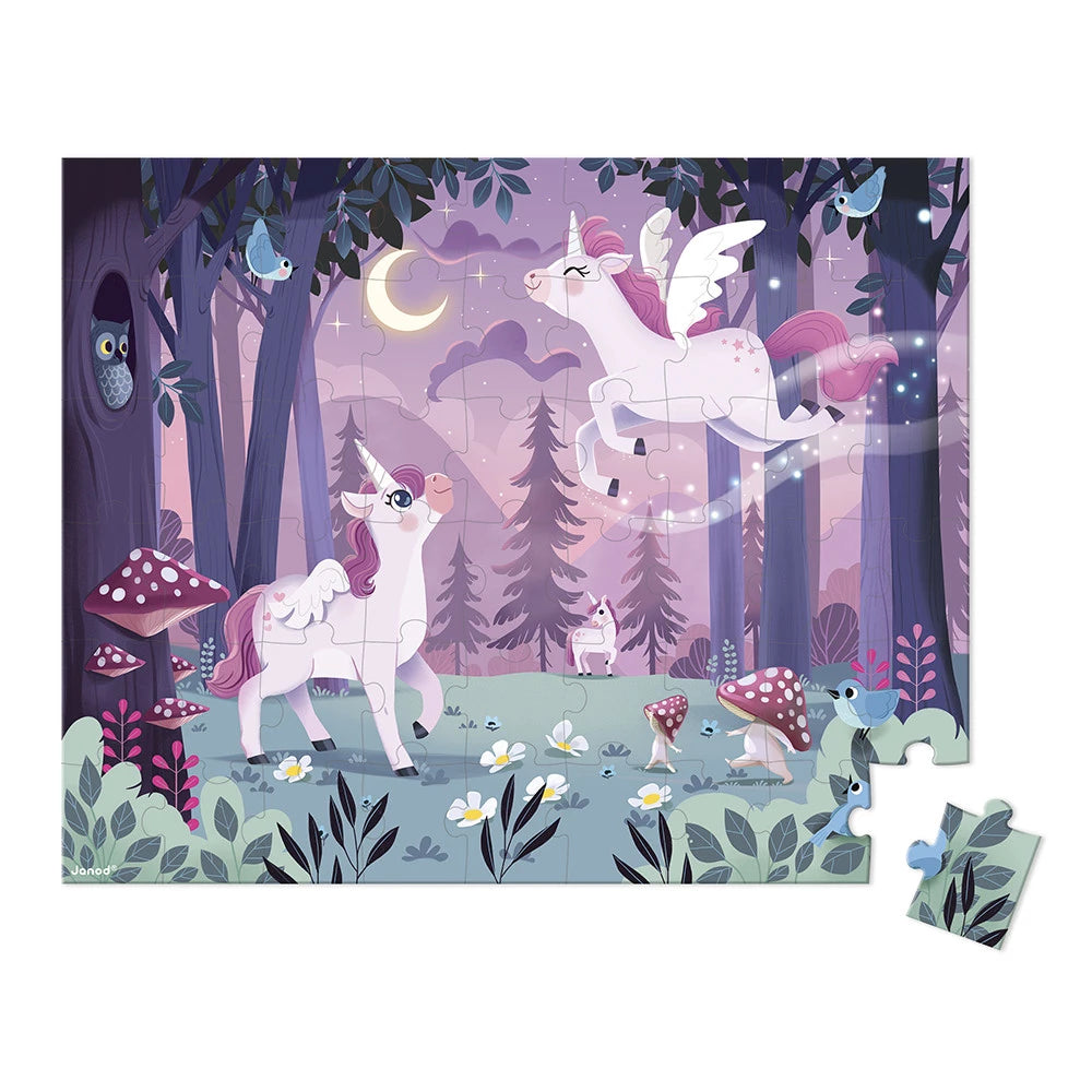 Children's puzzle with unicorns in a forest design on a white background