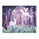 jigsaw puzzle with Unicorns in a forest with mushrooms and birds under a purple sky.