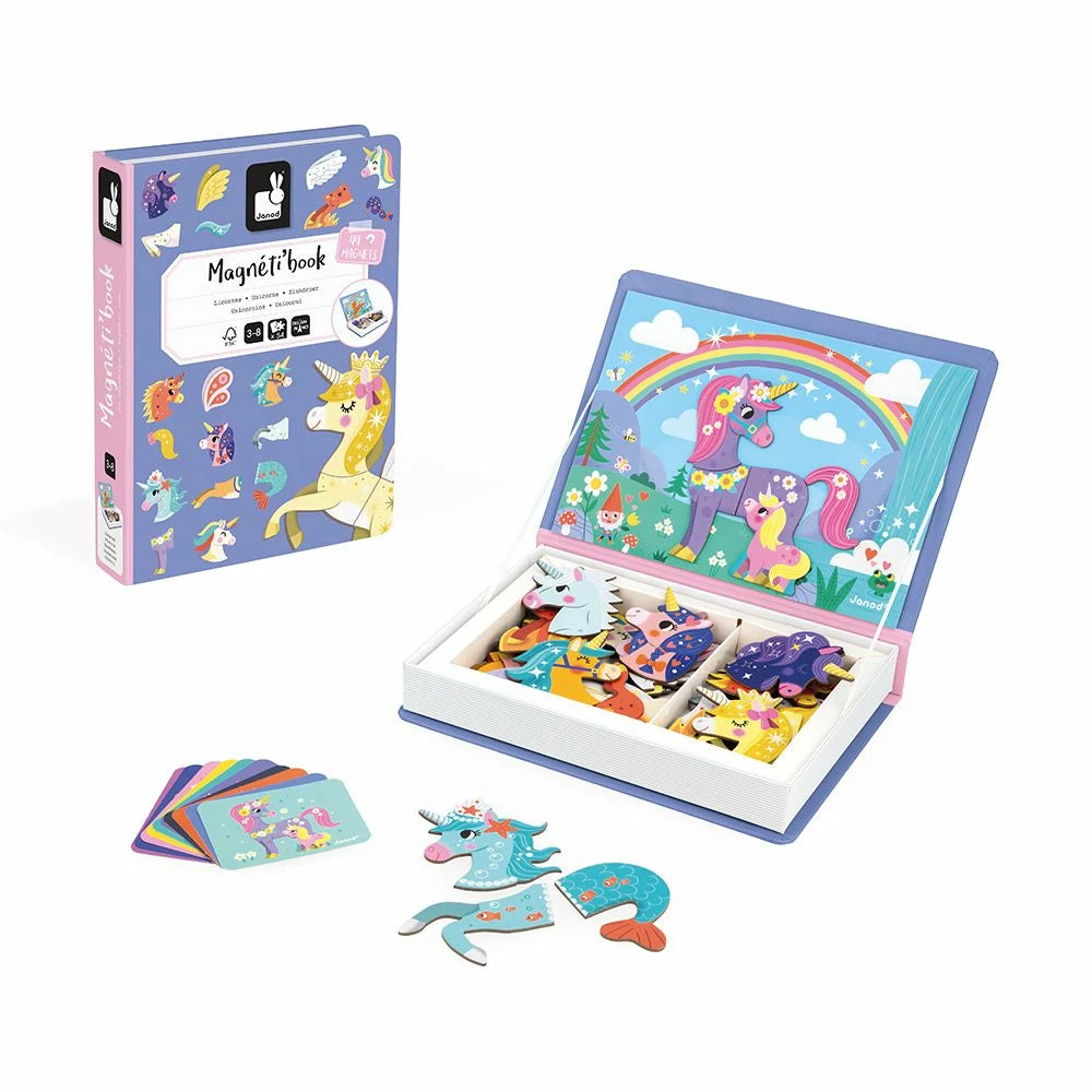 Unicorn-themed magnetic toy set with packaging on a white background