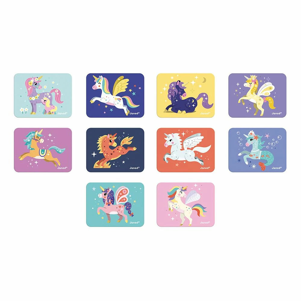 Set of colorful stickers with cartoon unicorns on a white background