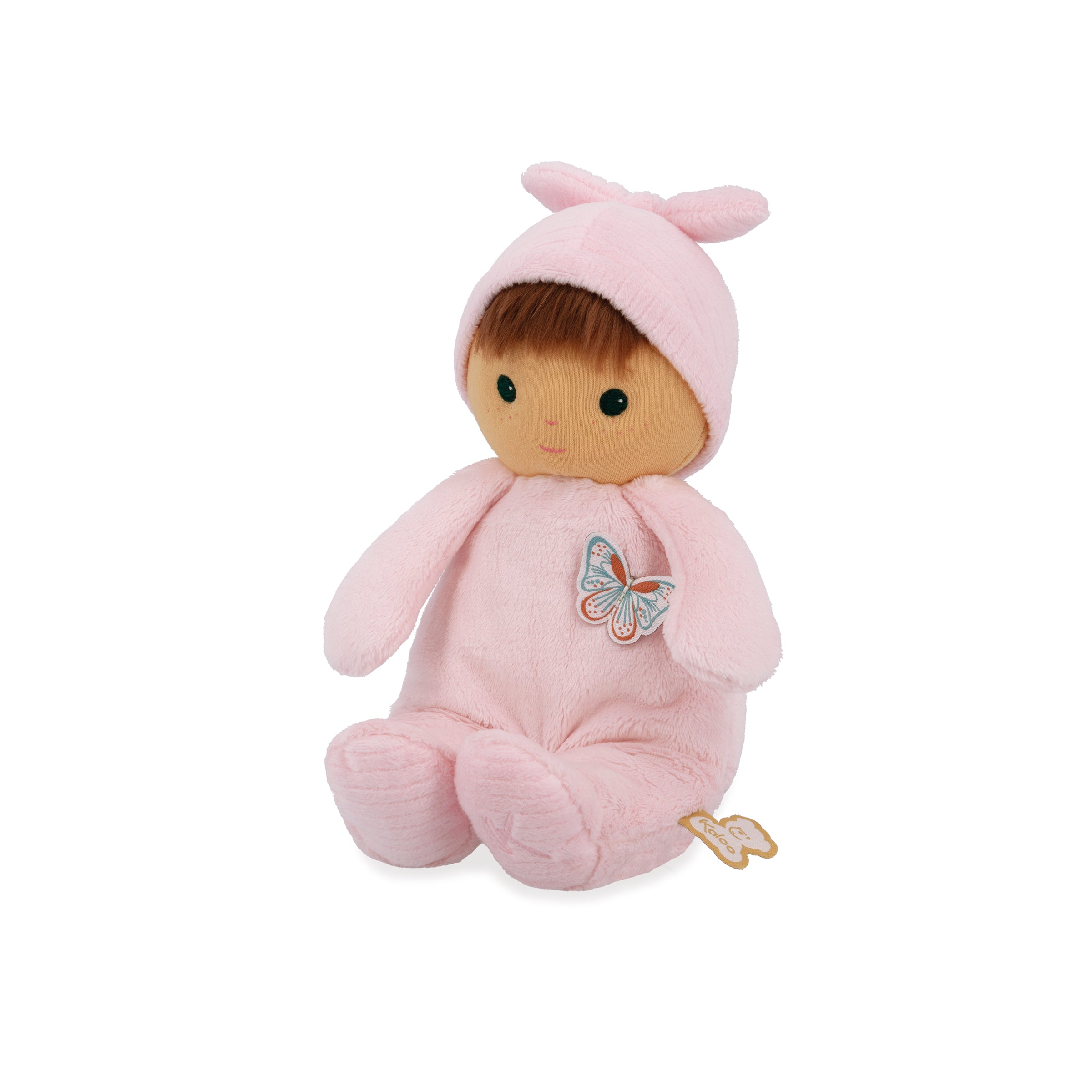 Pink plush toy with a butterfly design on a white background