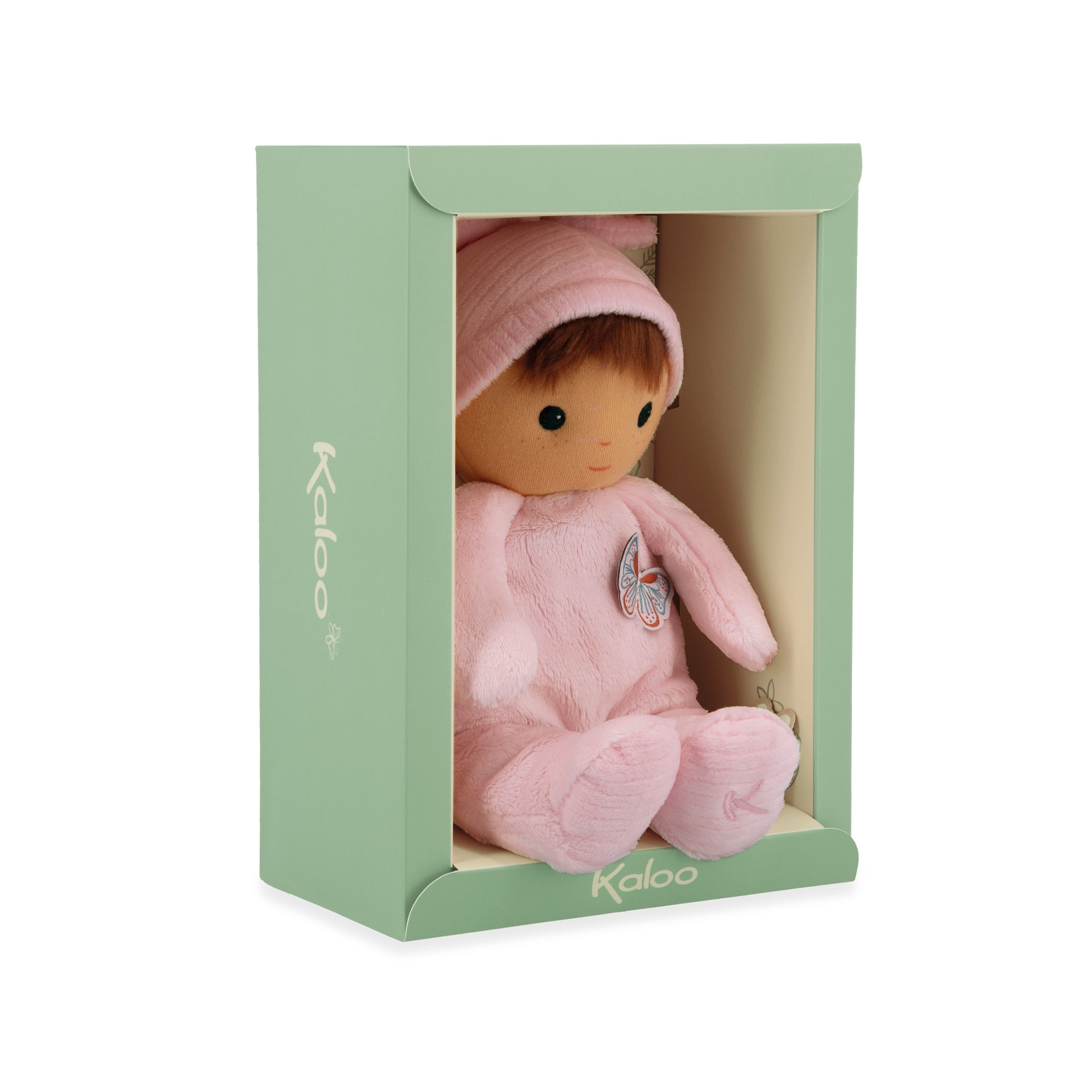 Pink plush baby doll in a green box with 'Kaloo' branding