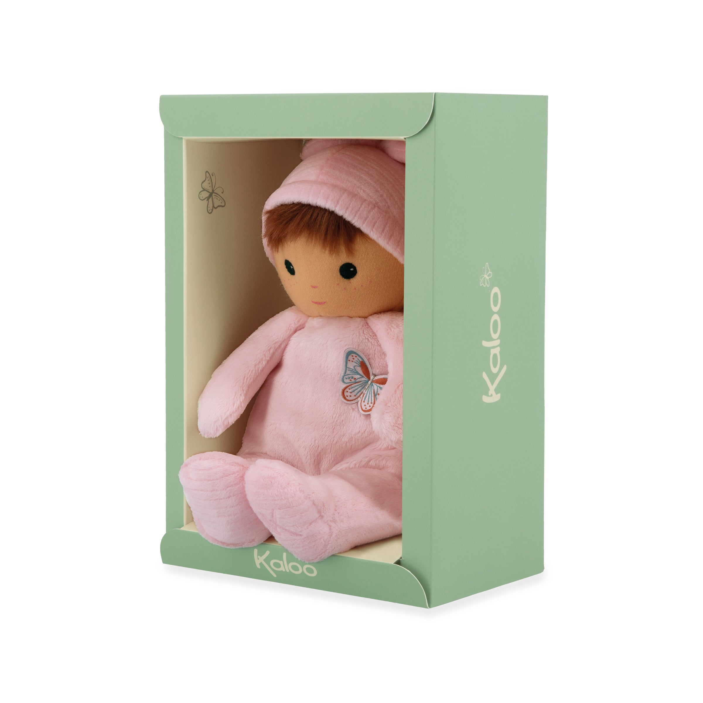 Pink doll in a green box with 'Kalo' branding on a white background
