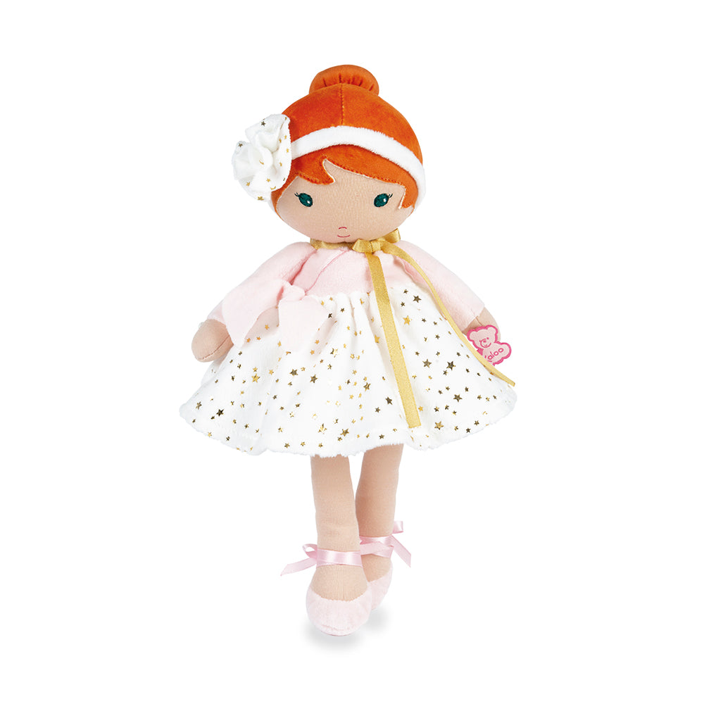 ballerina Doll with red hair, white dress, and orange hat on a white background