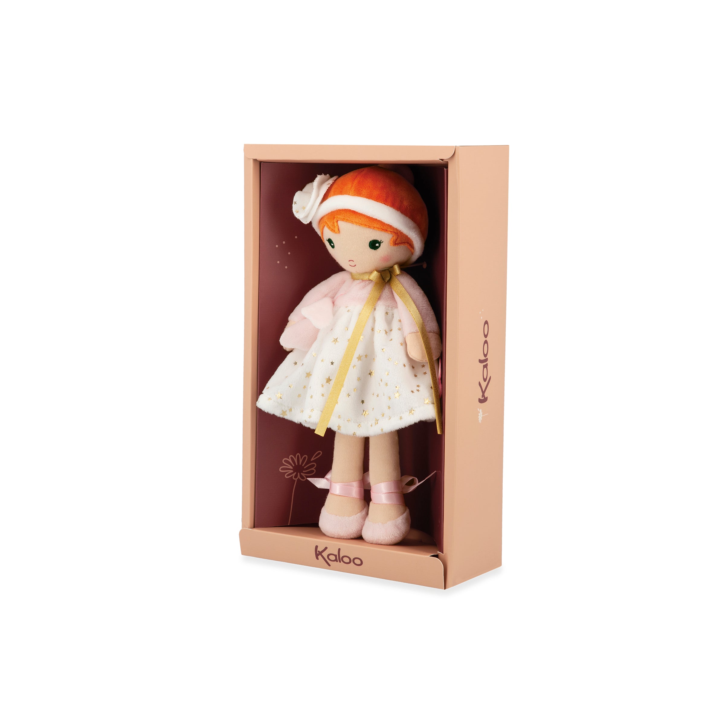 Doll in a box with 'Kaloo' branding on a white background