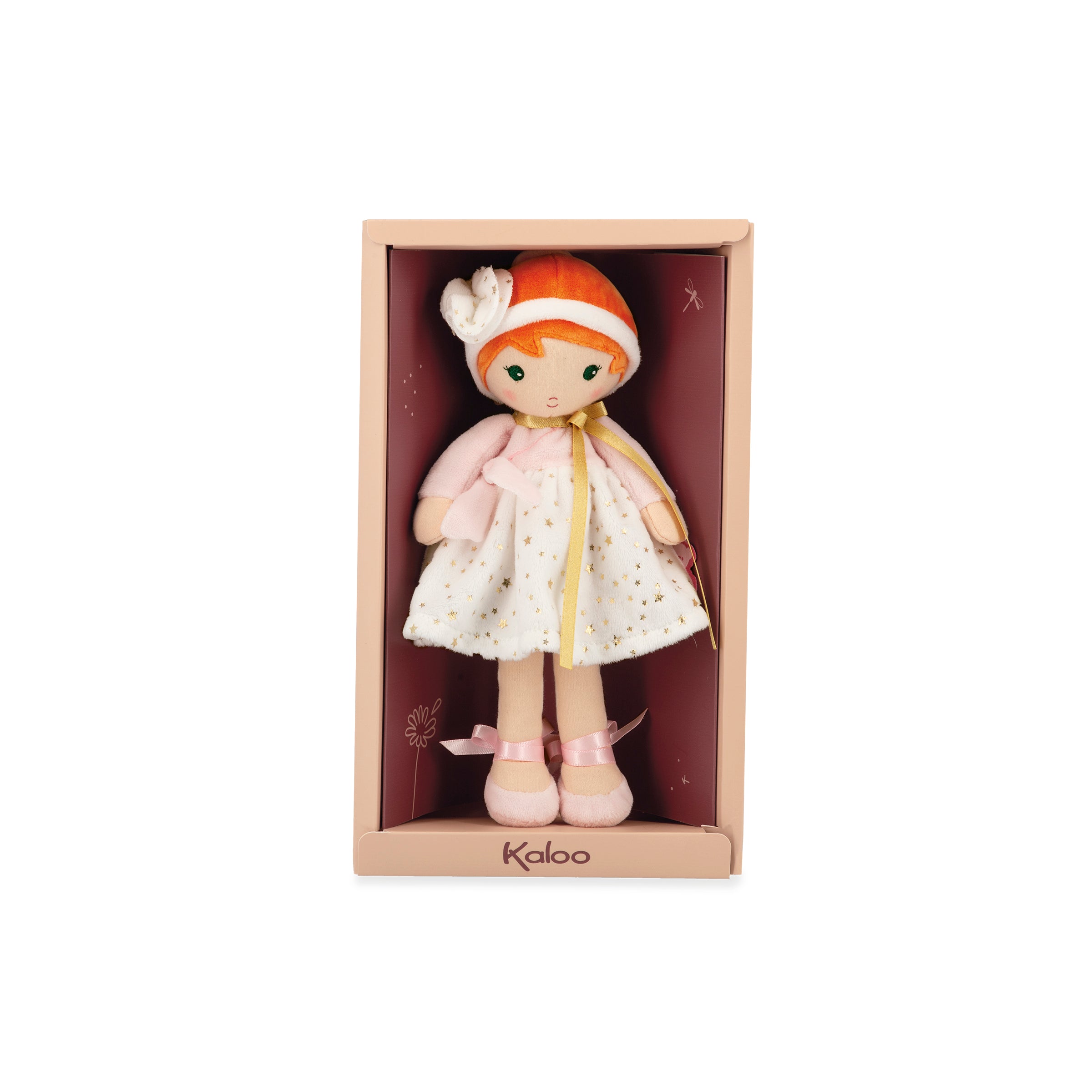 Doll in a box with 'Kaloo' branding on a white background