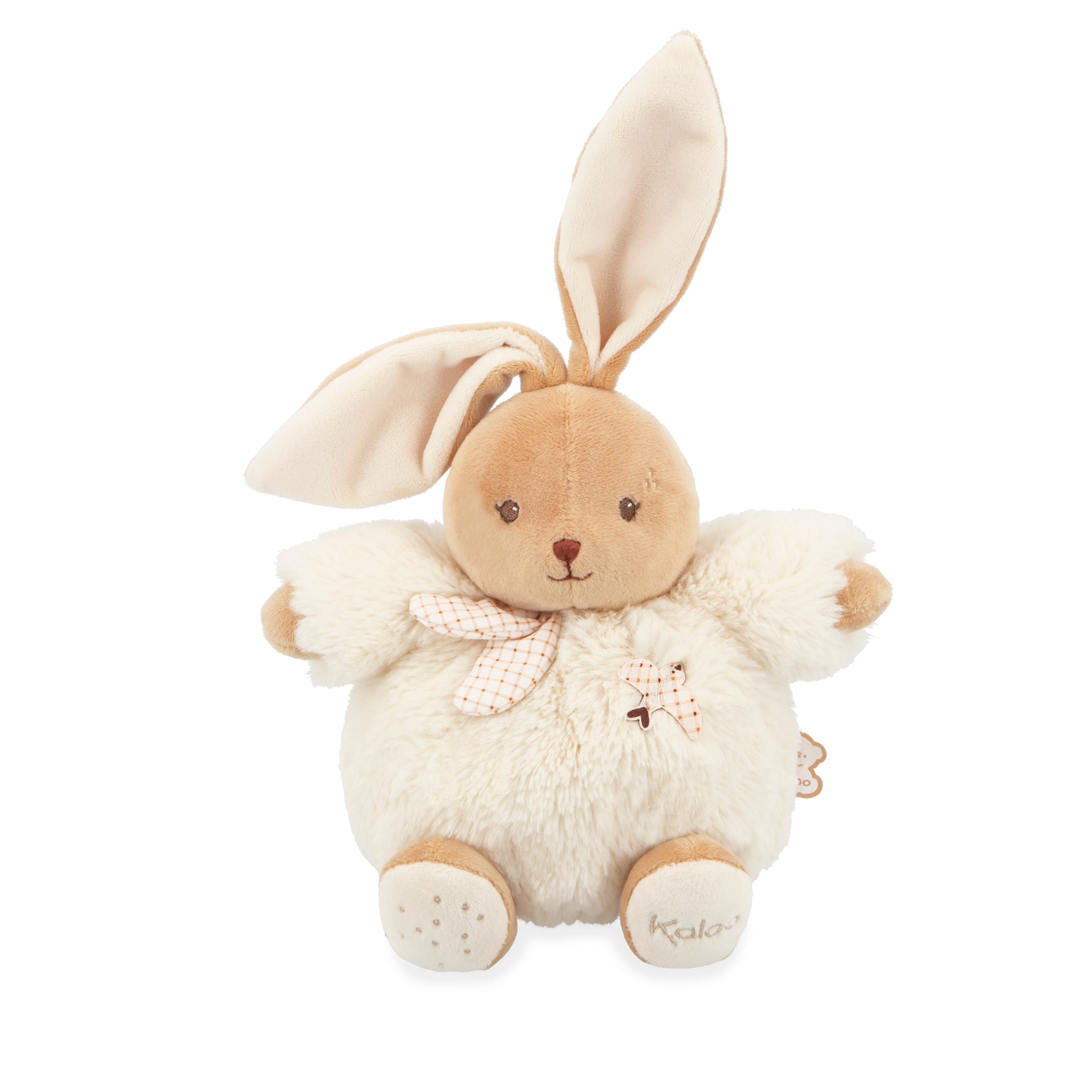 Plush toy rabbit with a white outfit on a white background