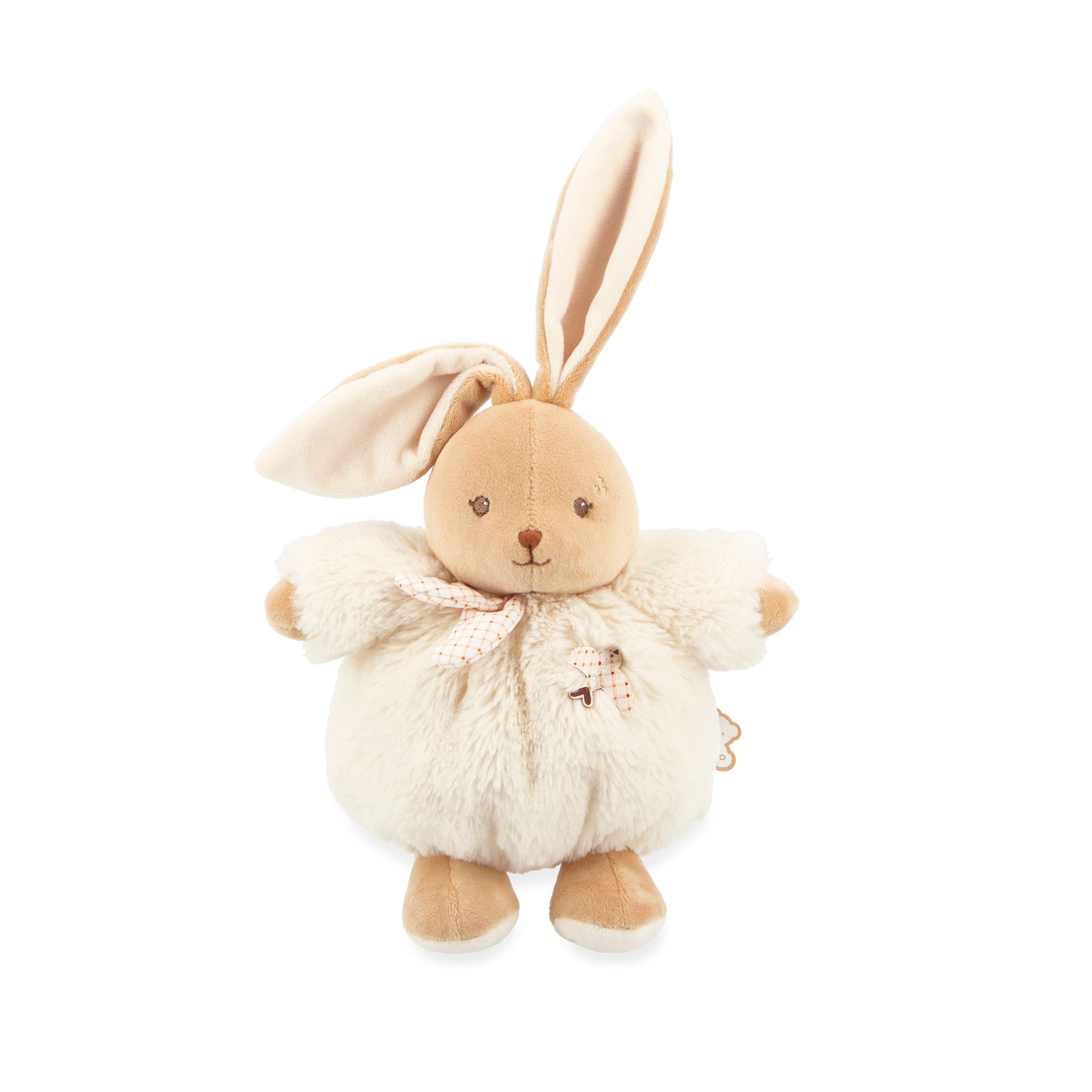Plush toy rabbit with a white outfit on a white background