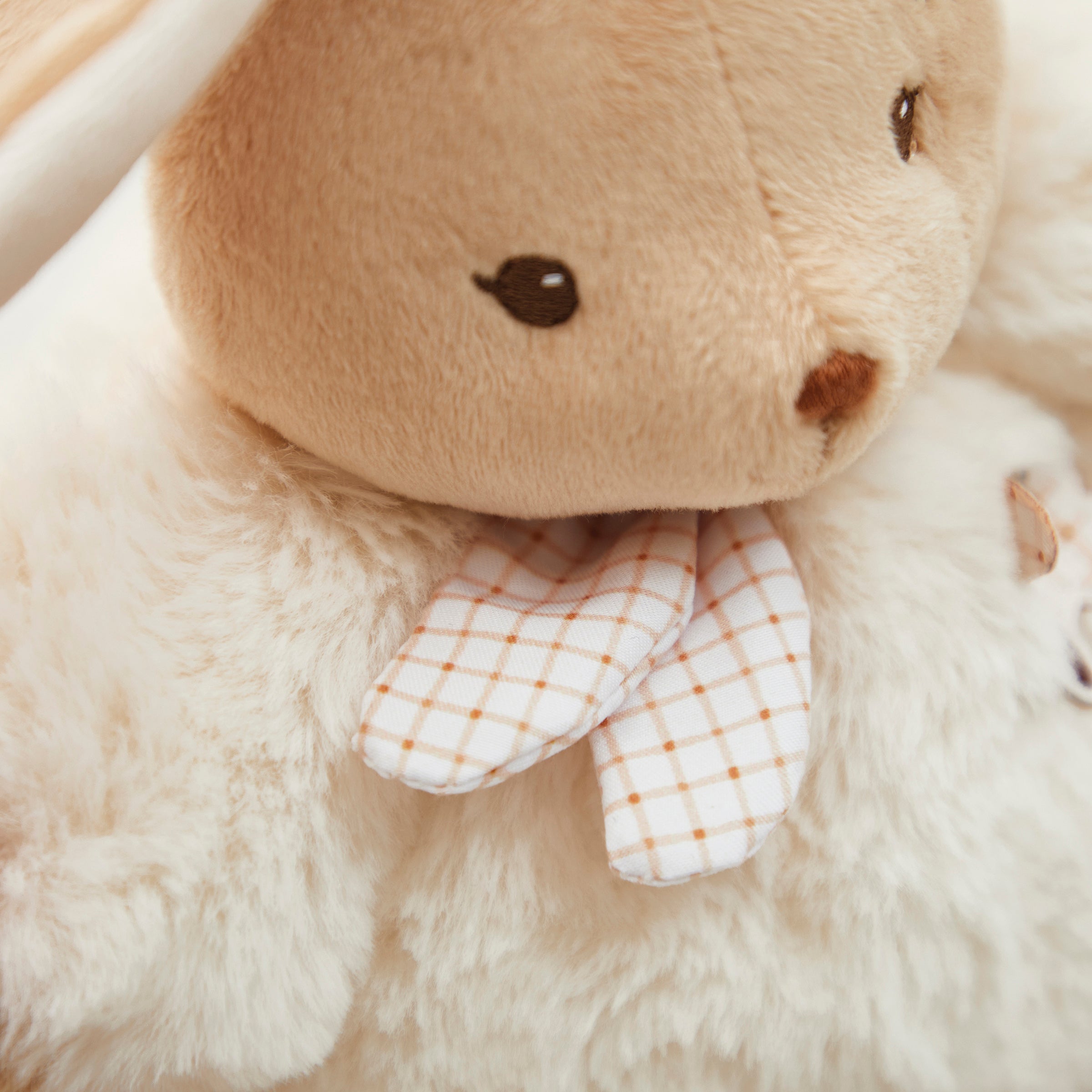 Close-up of a plush teddy bear with a checkered bow tie on a soft background