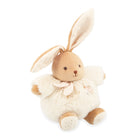 Plush toy rabbit with beige body and white paws on a white background